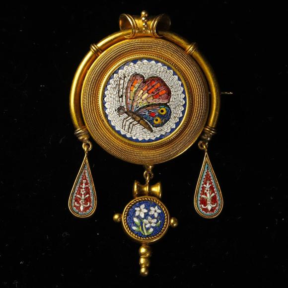 Horizontal Enchère Victorian Italian Gold Micro Mosaic Convertible Brooch Pendant