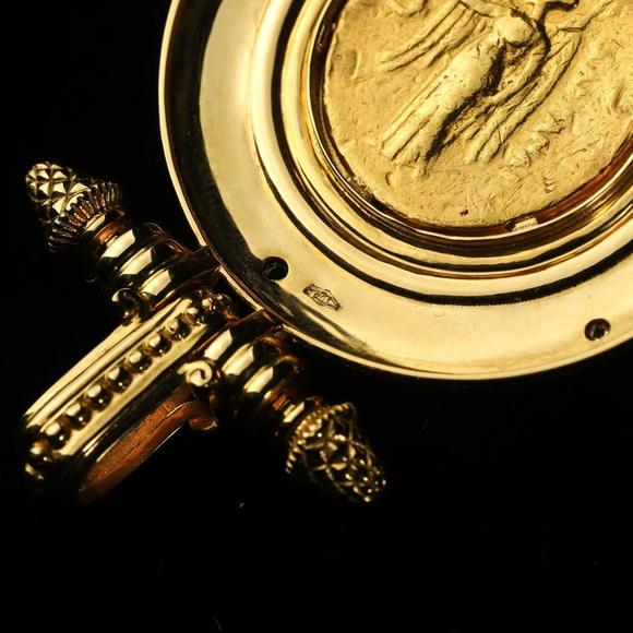 Horizontal Enchère Etruscan Revival Granulated Gold Athena Ancient Coin Pendant