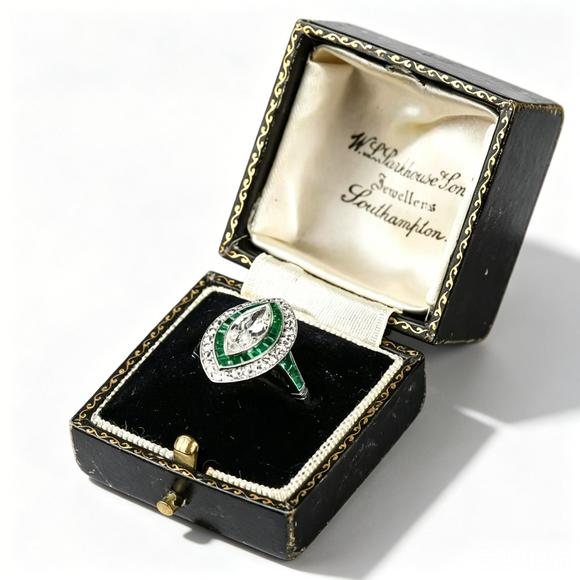 Horizontal Enchère Art Deco Platinum Marquise Diamond & Calibre Emerald Ring with Original Fitted Box