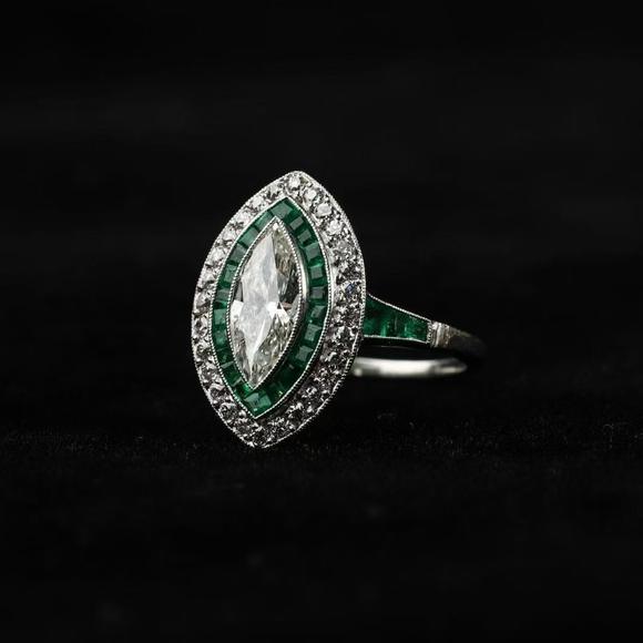 Horizontal Enchère Art Deco Platinum Marquise Diamond & Calibre Emerald Ring with Original Fitted Box