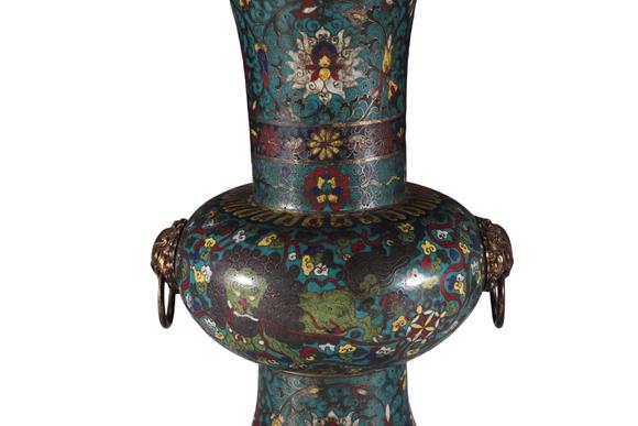 蘭亭古美術(shù)オークション明景泰銅景泰藍(lán)掐絲琺瑯花觚 一對