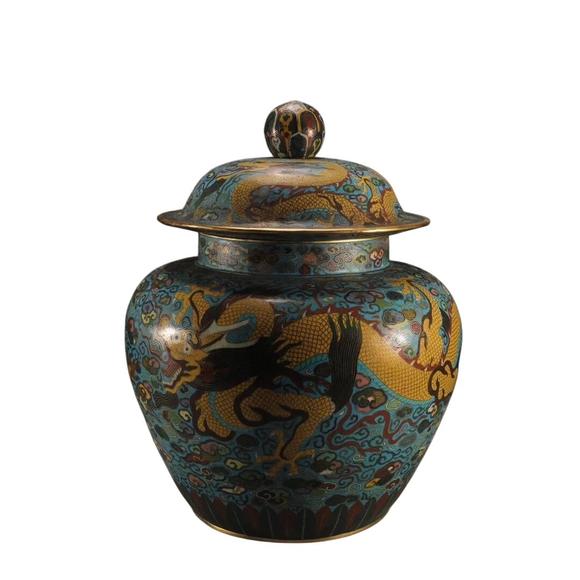 蘭亭古美術(shù)オークション清 銅景泰藍(lán)掐絲琺瑯云龍紋蓋罐 一對