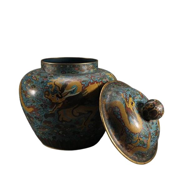 蘭亭古美術(shù)オークション清 銅景泰藍(lán)掐絲琺瑯云龍紋蓋罐 一對