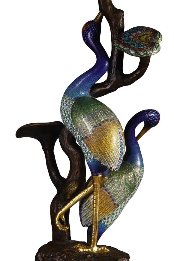 蘭亭古美術(shù)オークション清 銅景泰藍(lán)掐絲琺瑯靈芝仙鶴擺件