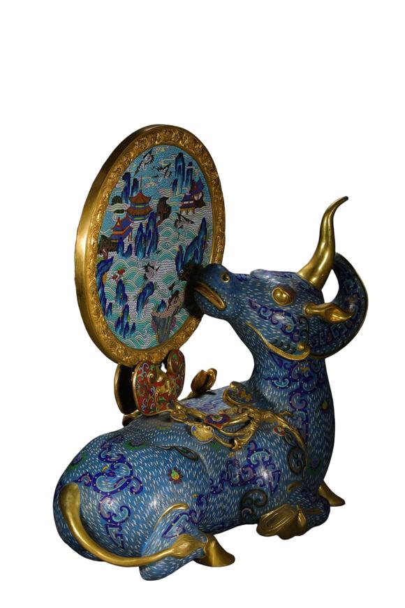 蘭亭古美術(shù)オークション清 銅景泰藍(lán)掐絲琺瑯犀牛望月插屏 一對(duì)