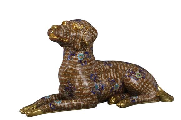 蘭亭古美術(shù)オークション清 銅景泰藍(lán)掐絲琺瑯雙犬?dāng)[件 一對