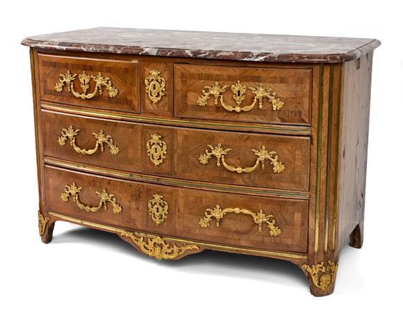 Duke's Auctions Lot 310 A NEAR PAIR OF REGENCE KINGWOOD, ORMOLU MOUNTED AND MARBLE-TOPPED BOWFRONT COMMODES