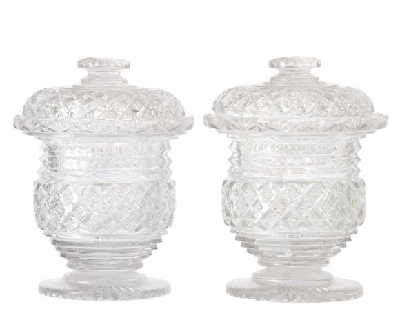Duke's Auctions Lot 59 A PAIR OF RICHLY CUT GLASS COMPORTS AND COVERS