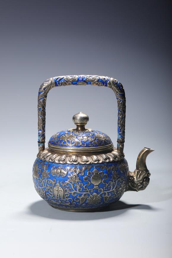SEAVIEW AUCTIONS PTY LTDA Silver Enameled Wine Pot with Auspicious Buddhist Symbols and Dragon-Form Handle, China, 18th centuries