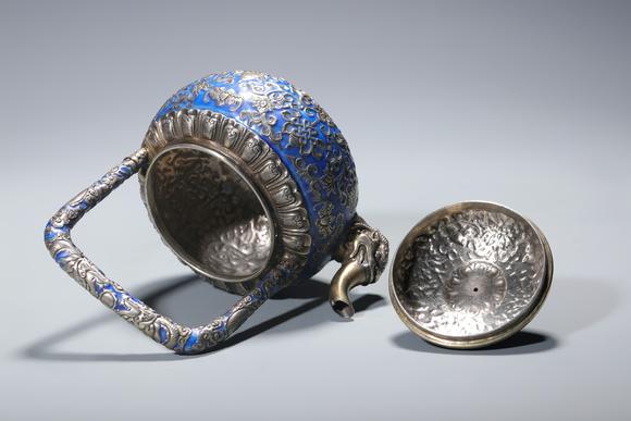 SEAVIEW AUCTIONS PTY LTDA Silver Enameled Wine Pot with Auspicious Buddhist Symbols and Dragon-Form Handle, China, 18th centuries