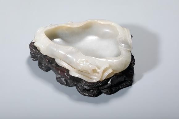 SEAVIEW AUCTIONS PTY LTDA White Jade Lotus Leaf Brush Washer with Frog Carving, Wood Stand, China, 14th–17th centuries