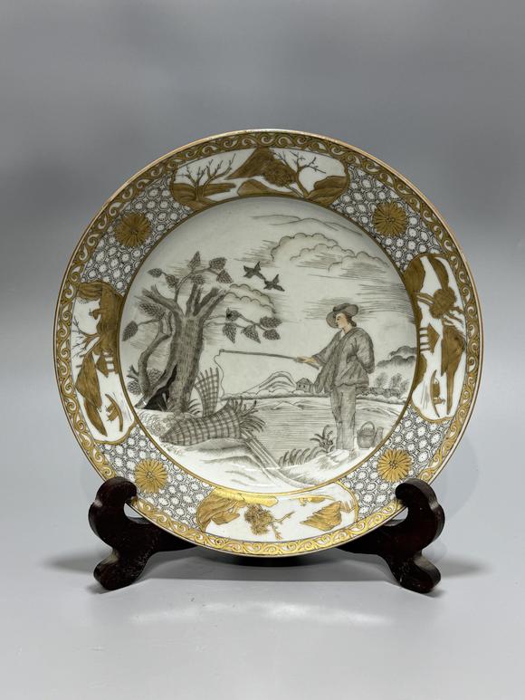 SEAVIEW AUCTIONS PTY LTDA Grisaille and Gilt Export Porcelain Plate Painted with European Fisherman Landscape, China, 18th century