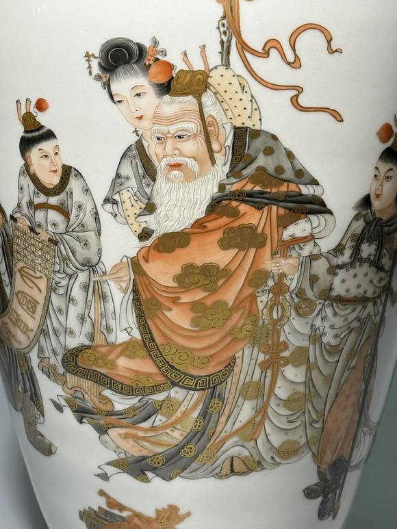 SEAVIEW AUCTIONS PTY LTDA White-Ground Famille Rose Meiping Vase with Twin Coral-Gilt Bat Handles, Immortal Court Scene Decoration, Gilt Rim, China, 20th century