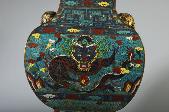 SEAVIEW AUCTIONS PTY LTDA Cloisonne Enamel Square Vase with Twin Elephant Handles and Dragon Motifs, China, 18th CE