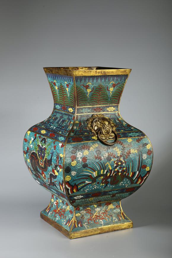SEAVIEW AUCTIONS PTY LTDA Cloisonne Enamel Square Vase with Twin Elephant Handles and Dragon Motifs, China, 18th CE