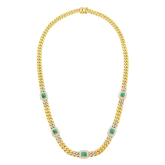 DOYLE Auctioneers & AppraisersTwo-Color Gold, Cabochon Emerald and Diamond Curb Link Chain Necklace