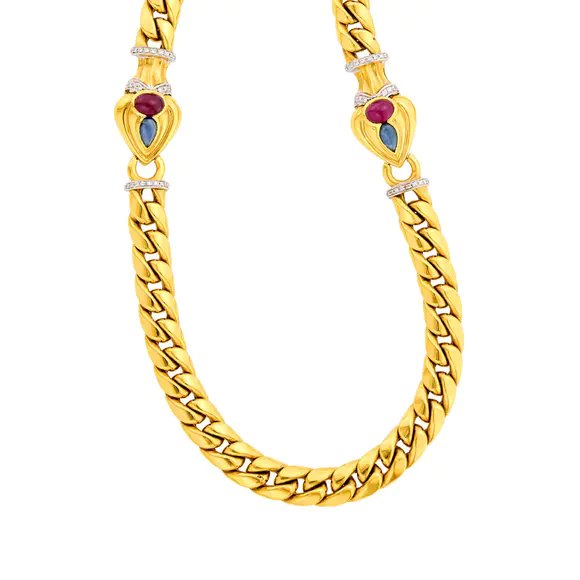 DOYLE Auctioneers & AppraisersLong Two-Color Gold, Cabochon Ruby, Sapphire and Diamond Curb Link Necklace/Bracelet Combination