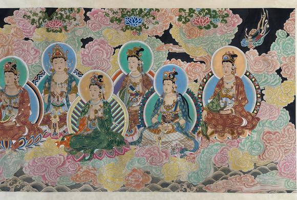 東京蕓術(shù)張大千 五佛十菩薩聖像圖長(zhǎng)卷 絹畫(huà)