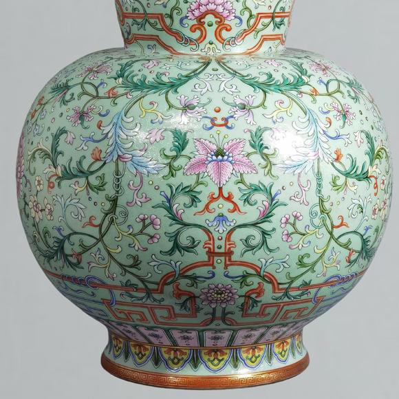 東京蕓術(shù)清乾隆 淺綠地洋彩扒花綿上添花萬壽連延葫蘆瓶