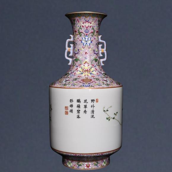 東京蕓術清乾隆 粉彩竹鶴紋雙耳瓶