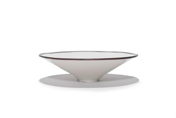 Castle AuctionA Ding Kiln White Glaze Carved Floral Bowl with Metal Rim, 10th–12th C Pr.