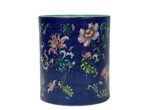 Castle AuctionBlue ground pastel with broken branch floral brush pot