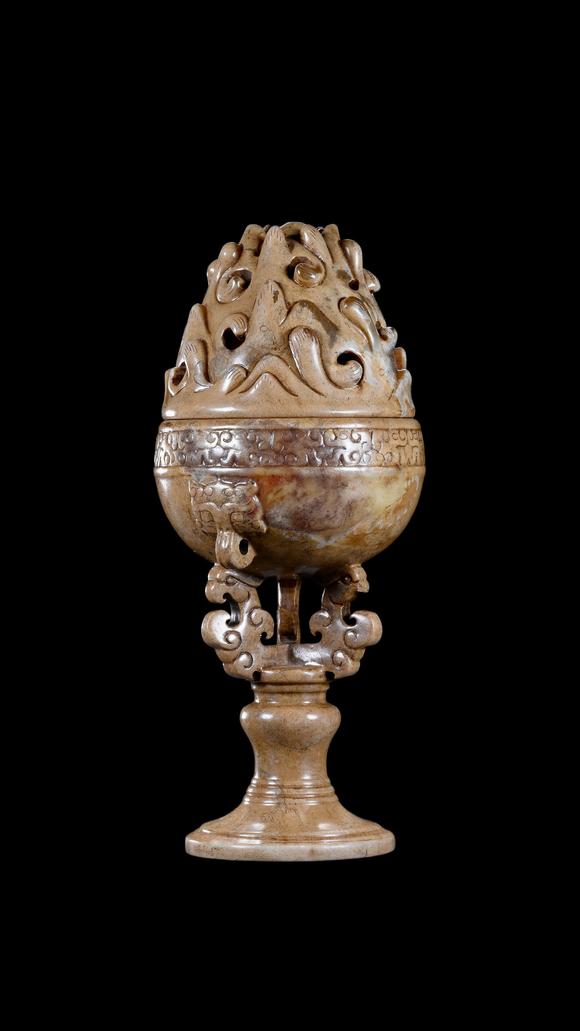 Castle AuctionA Calcified Brown Jade Boshan Censer, Han, Circa 2nd C BC–2nd C AD Pr.