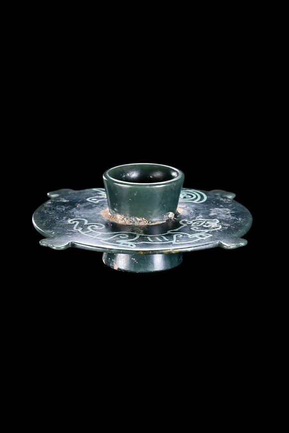 Castle AuctionA Dark Green Jade Stem Cup Stand with Turquoise Inlay, Warring States, Circa 475–221 C BC Pr.