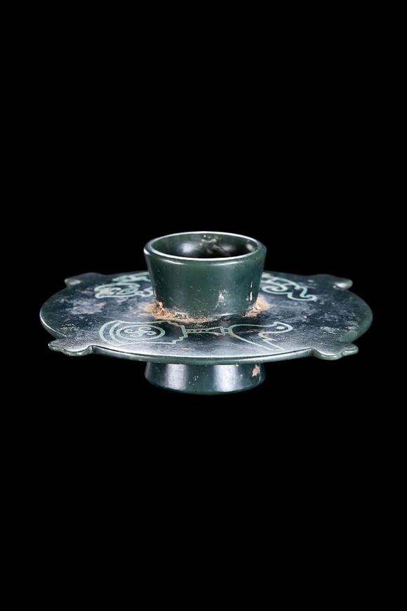Castle AuctionA Dark Green Jade Stem Cup Stand with Turquoise Inlay, Warring States, Circa 475–221 C BC Pr.
