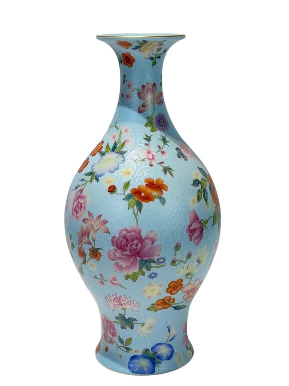 Castle AuctionA Chinese blue-ground Famille Rose vase, Qian Long Pr. 