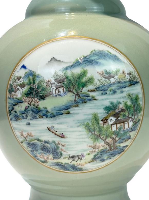 Castle AuctionA Chinese powder-blue glazed vase with landscape scene decoration, Qing Dynasty Pr. 
