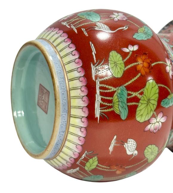 Castle AuctionA Chinese Coral red colour Famille Rose vase, Qian Long Pr. 