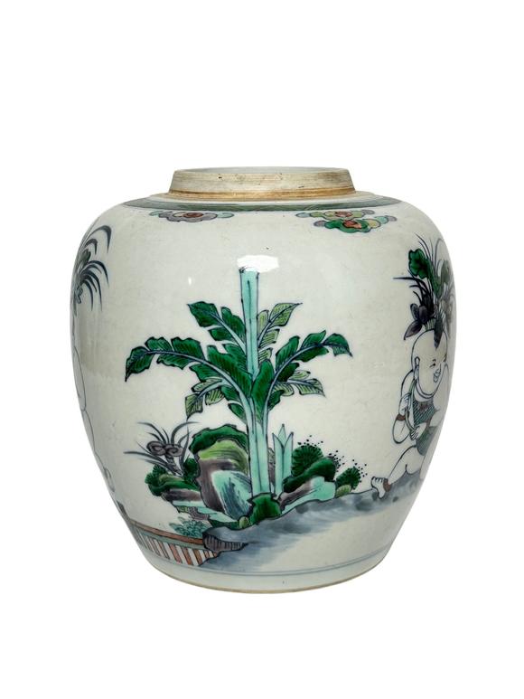 Castle AuctionBlue and white and colorful infant players pattern jar, Ming Dynasty Pr. 