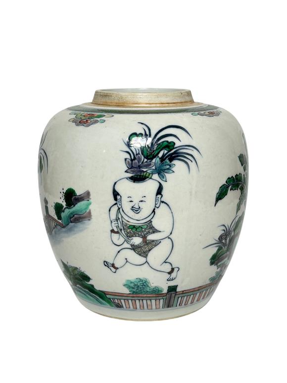 Castle AuctionBlue and white and colorful infant players pattern jar, Ming Dynasty Pr. 