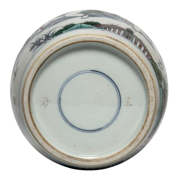 Castle AuctionBlue and white and colorful infant players pattern jar, Ming Dynasty Pr. 
