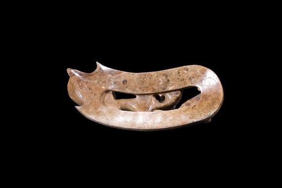 Castle AuctionA Mottled Brown Jade Double Chilong Belt Ornament, Han, Circa 2nd C BC–2nd C AD Pr.