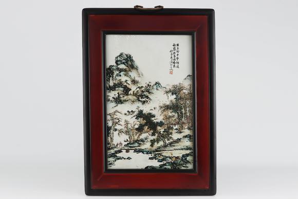 Cascade'sPastel green landscape porcelain painting in the Republic of China | 民國 粉彩青綠山水瓷板畫