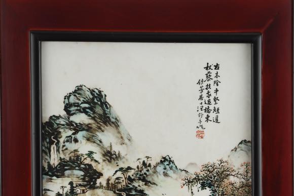 Cascade'sPastel green landscape porcelain painting in the Republic of China | 民國 粉彩青綠山水瓷板畫
