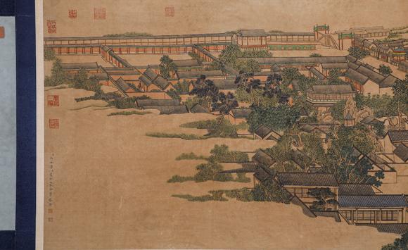 Cascade'sLong scroll of comb-like drawings of Qionglou in Lang Shining Ignatius Sichelbart. | 郎世寧艾啟蒙合繪絹本瓊樓櫛列圖長卷