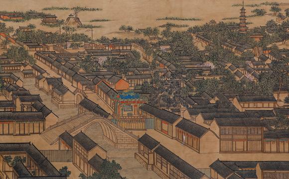 Cascade'sLong scroll of comb-like drawings of Qionglou in Lang Shining Ignatius Sichelbart. | 郎世寧艾啟蒙合繪絹本瓊樓櫛列圖長卷