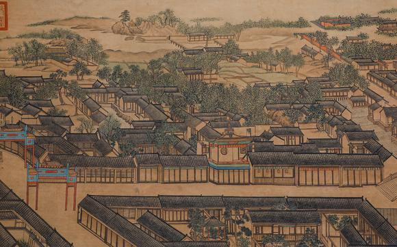 Cascade'sLong scroll of comb-like drawings of Qionglou in Lang Shining Ignatius Sichelbart. | 郎世寧艾啟蒙合繪絹本瓊樓櫛列圖長卷