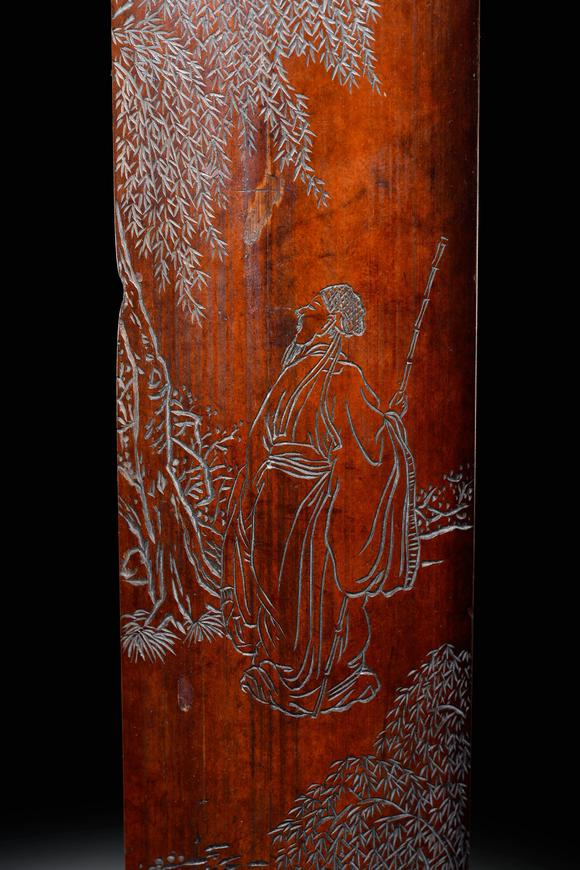 Cascade'sQing bamboo carving Liu Yin ladies figure arm rest | 清 竹刻柳蔭仕女圖臂擱