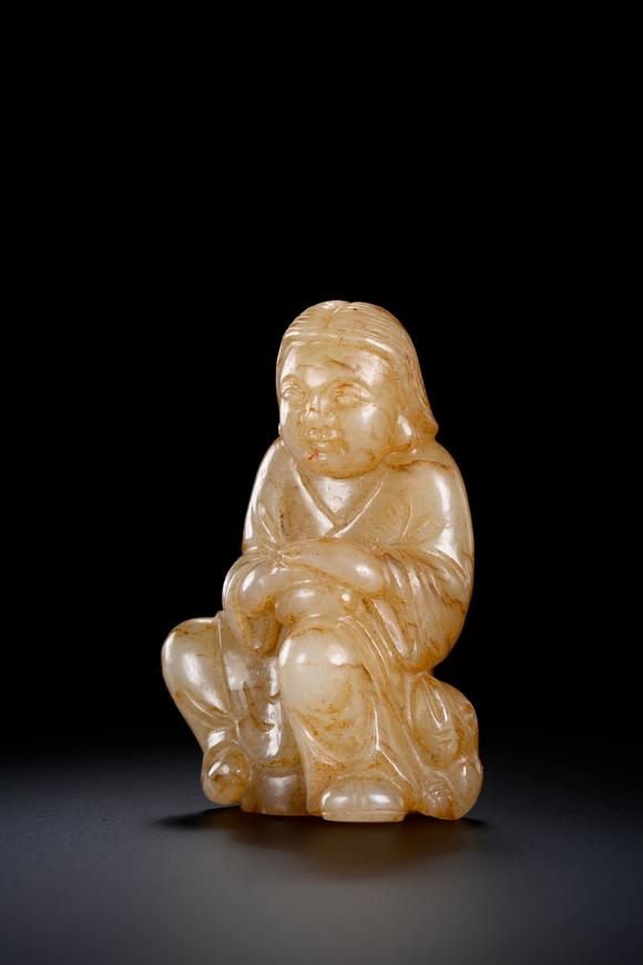Cascade'sSitting Statue of White Jade and Qin Color Figures in Ming Dynasty | 明 白玉沁色人物坐像