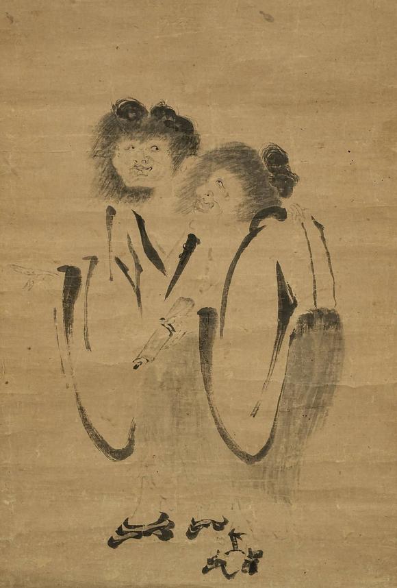 京都祇園會(huì)拍賣一山一寧 石梁贊寒心拾得 日本古裂裝裱 箱書附 紙本掛軸 雙箱
