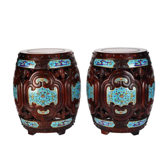 Eden Fine Antiques Galleries LLCA PAIR OF CHINESE ZITAN ENAMEL DRUM STOOLS