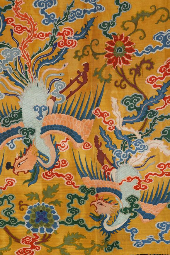 Eden Fine Antiques Galleries LLCA CHINESE YELLOW THREE PHOENIX BROCADE PANEL