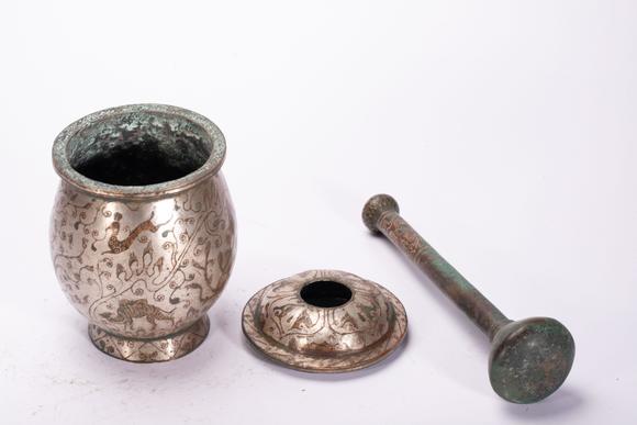 Eden Fine Antiques Galleries LLCA CHINESE SILVER INLAID BRONZE MORTAR SET