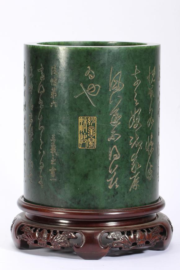 Eden Fine Antiques Galleries LLCA CHINESE SPINACH JADE POEM BRUSH POT