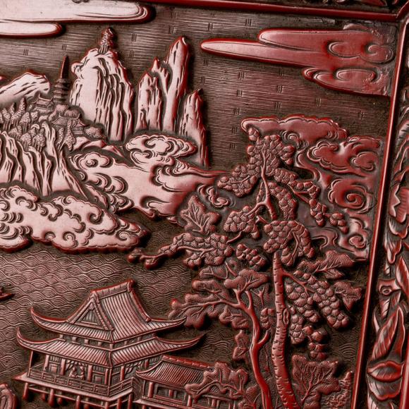 大阪美術(shù)商會(huì)明 堆朱山水樓閣圖方盤