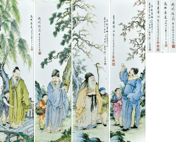 華藝國(guó)際民國(guó)  王大凡繪粉彩「四愛圖」山水瓷板屏風(fēng)一套（六扇）